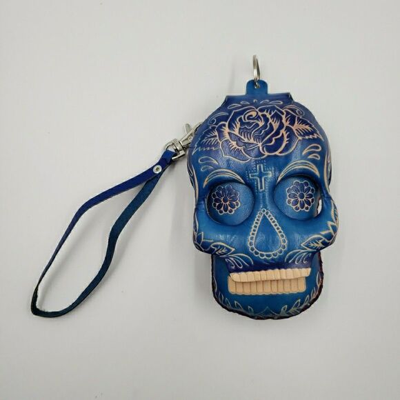 Sugar Skull Leather Wristlet Wallet Gift Small Pouch Keychain Day of the Dead - Picture 6 of 13